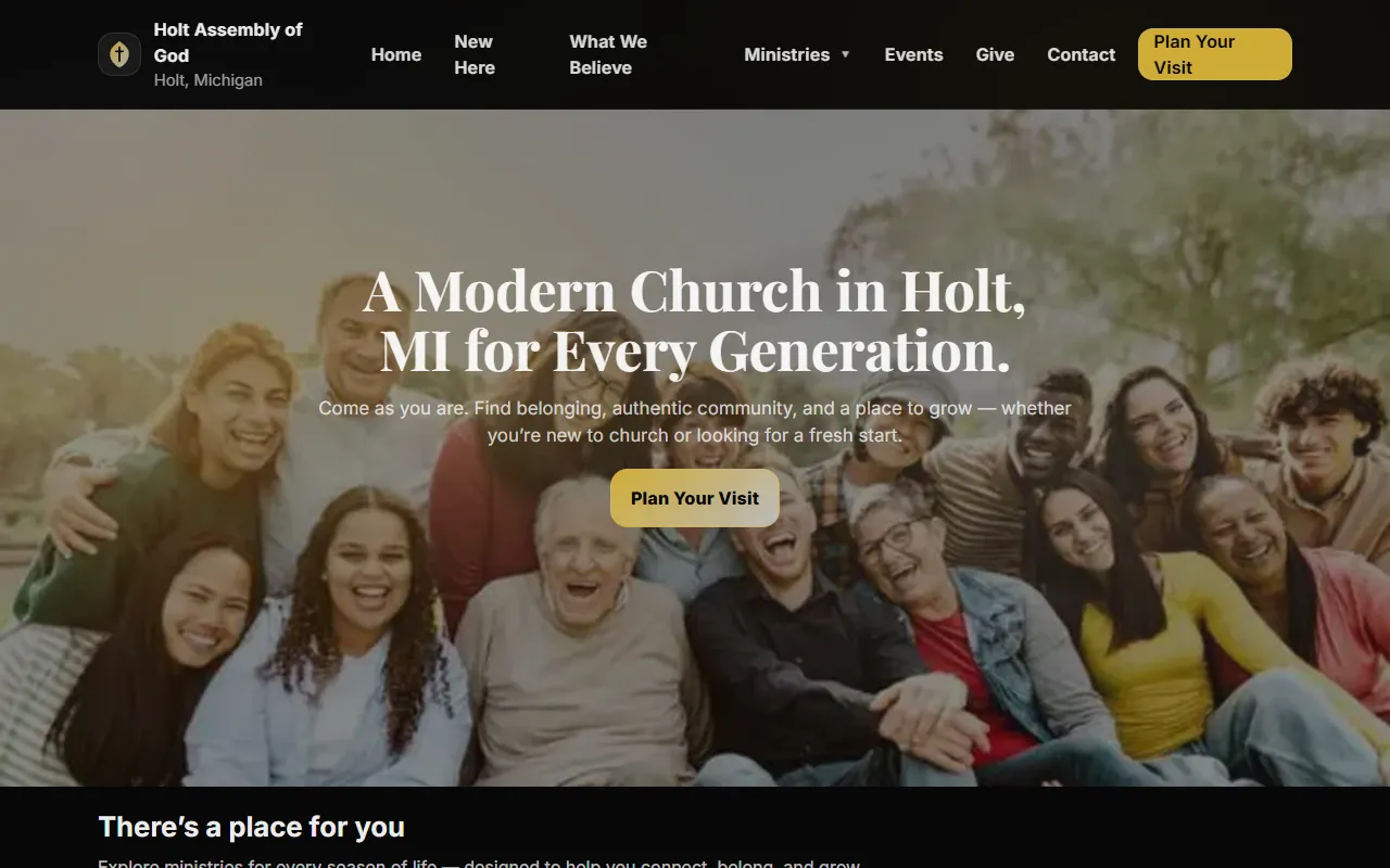 Holt Assembly of God website launch showing a welcoming homepage and clear visit information